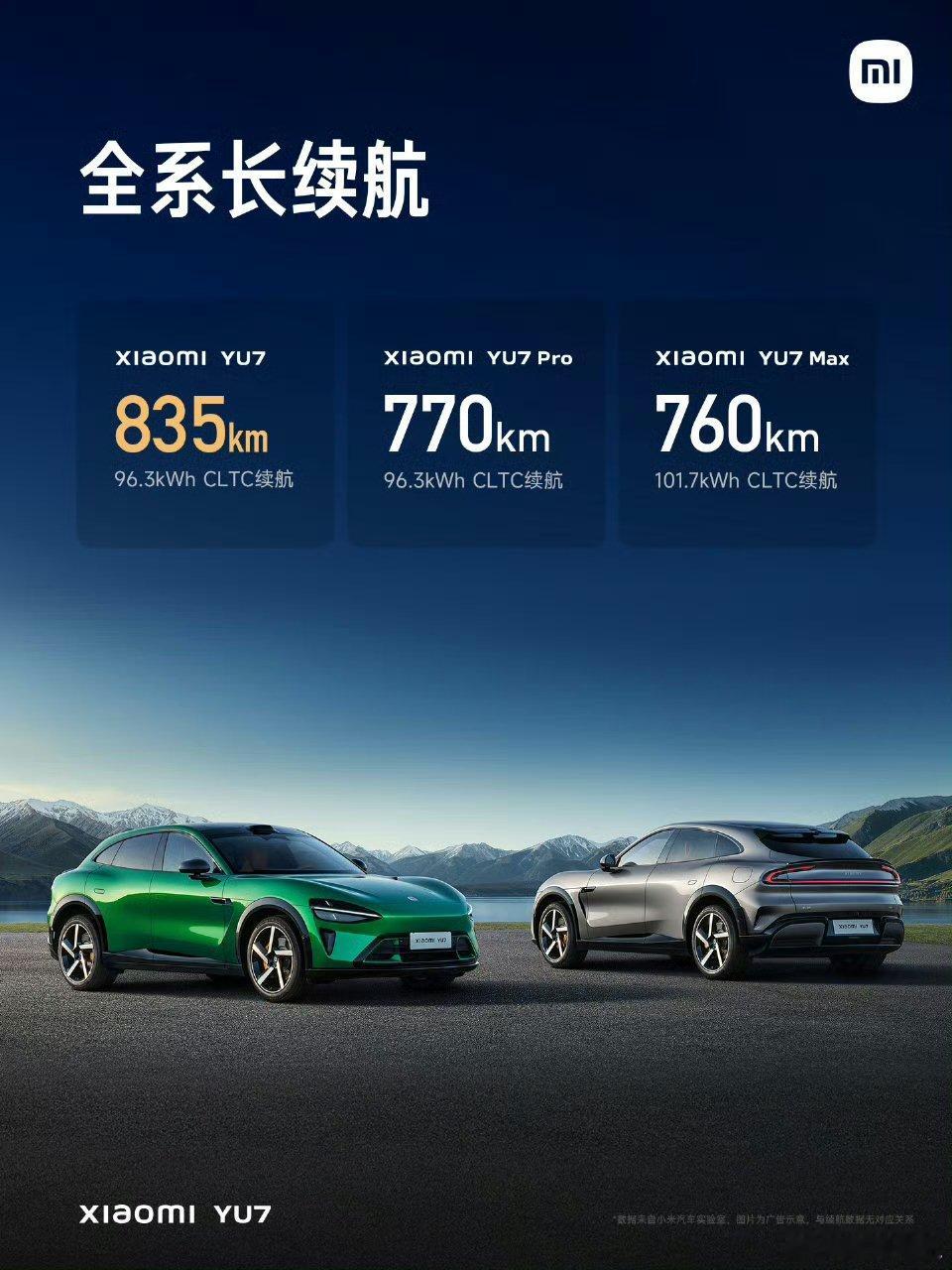 小米YU7总共三个版本，续航分别为835公里、770公里、760公里。 ​​​