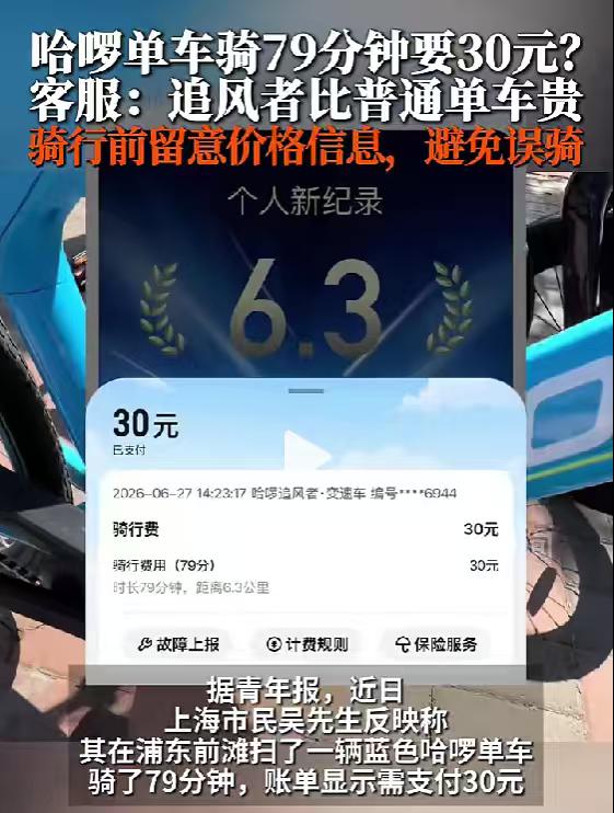 共享单车骑79分钟要30元？
原来是上海市民误骑哈啰“追风者”变速车，骑行79分