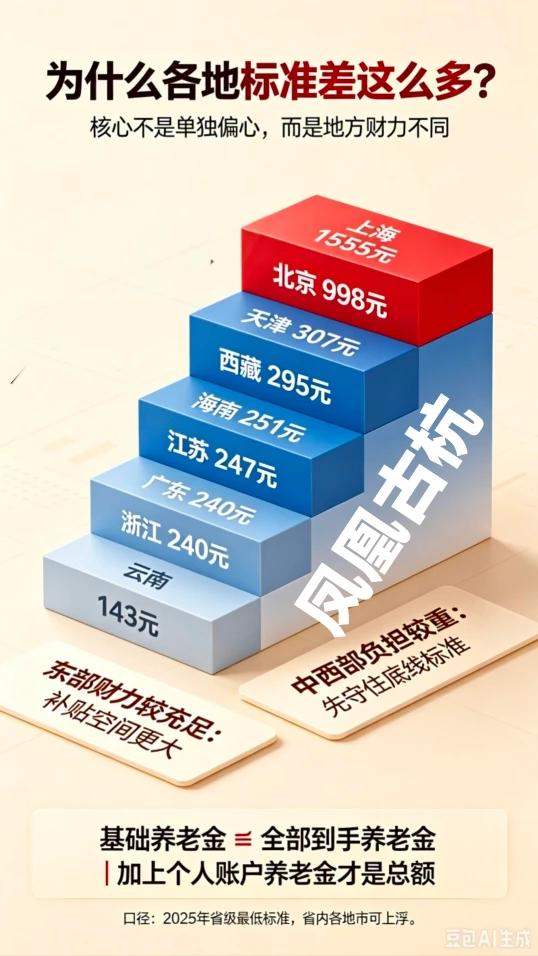 各地经济发展不平衡，生活水平不一样，因此，各地的养老金也就有差异了。