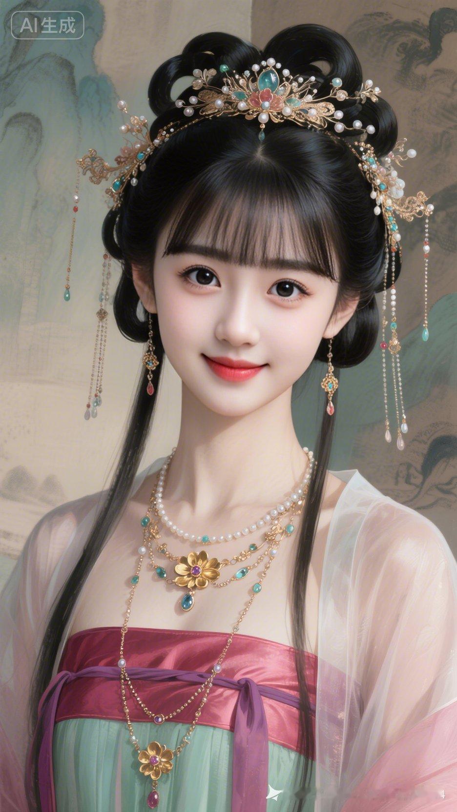 粉绿紫红真丝抹胸汉服配薄纱褙子，堆云偏髻缀满珠翠流苏步摇，齐刘海垂两绺青丝，多层