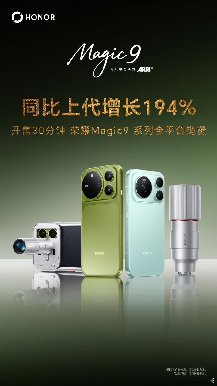 荣耀Magic 9系列发布战报，开售30分钟，销量同比上一代增长194%，几乎相