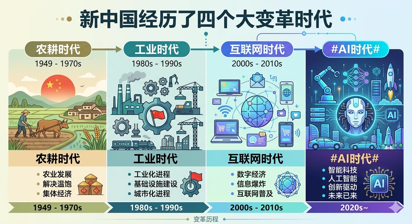 新中国经历了四个大变革时间分别是：农耕时代工业时代互联网时代AI时代 现在站在A