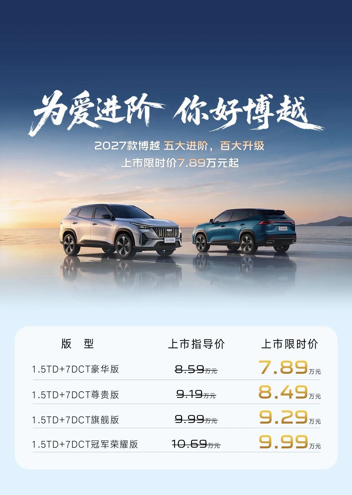 2027款博越进阶登场，上市限时价7.89万元起！这个价格，博越依然瞄准了家用S