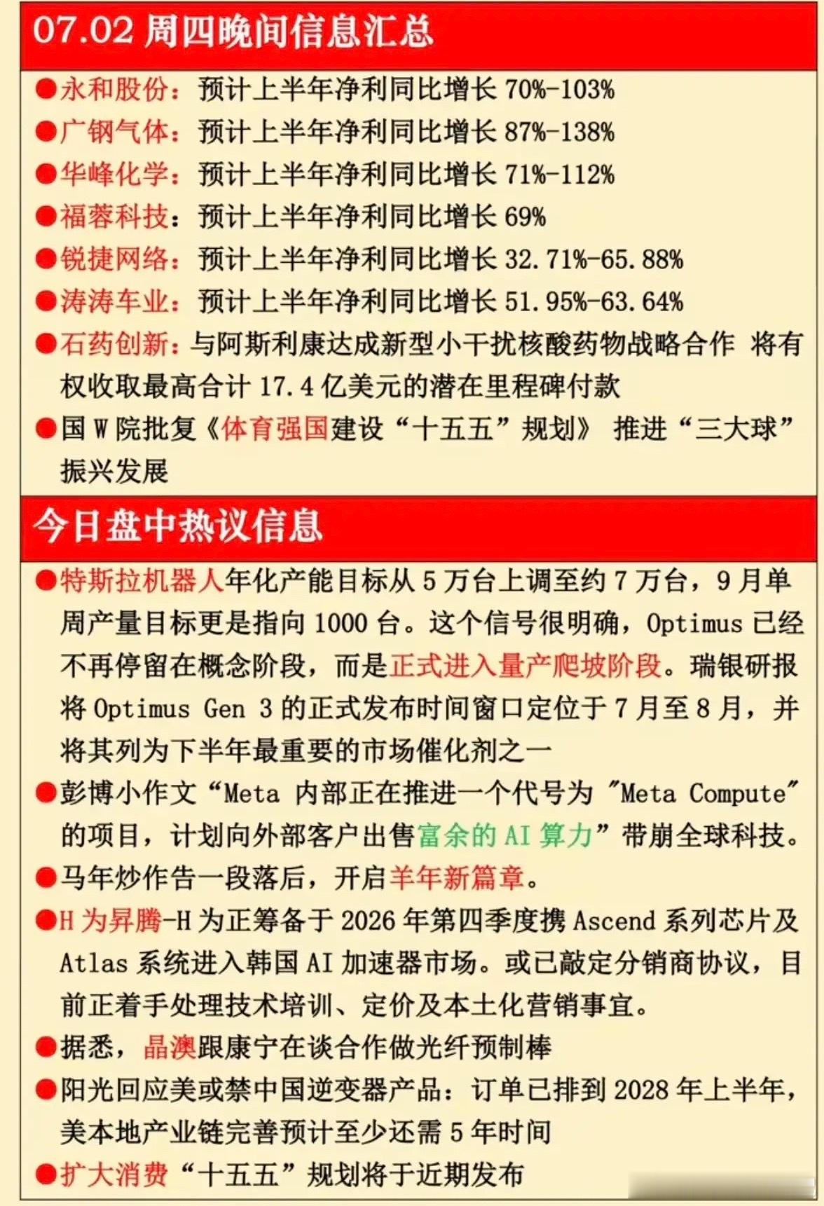 7.02周四  晚间：财经热点信息汇总！1.特斯拉机器人2.华为昇腾3.光纤预制
