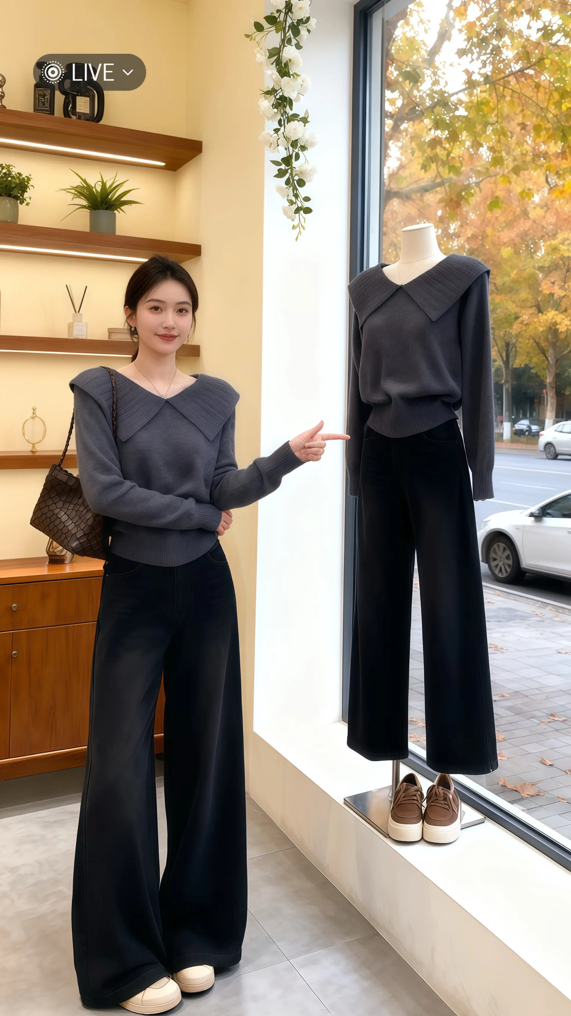 她穿着韩系显瘦翻领针织毛衣，深灰色的质感温柔又高级，领口的精致纹路为整...