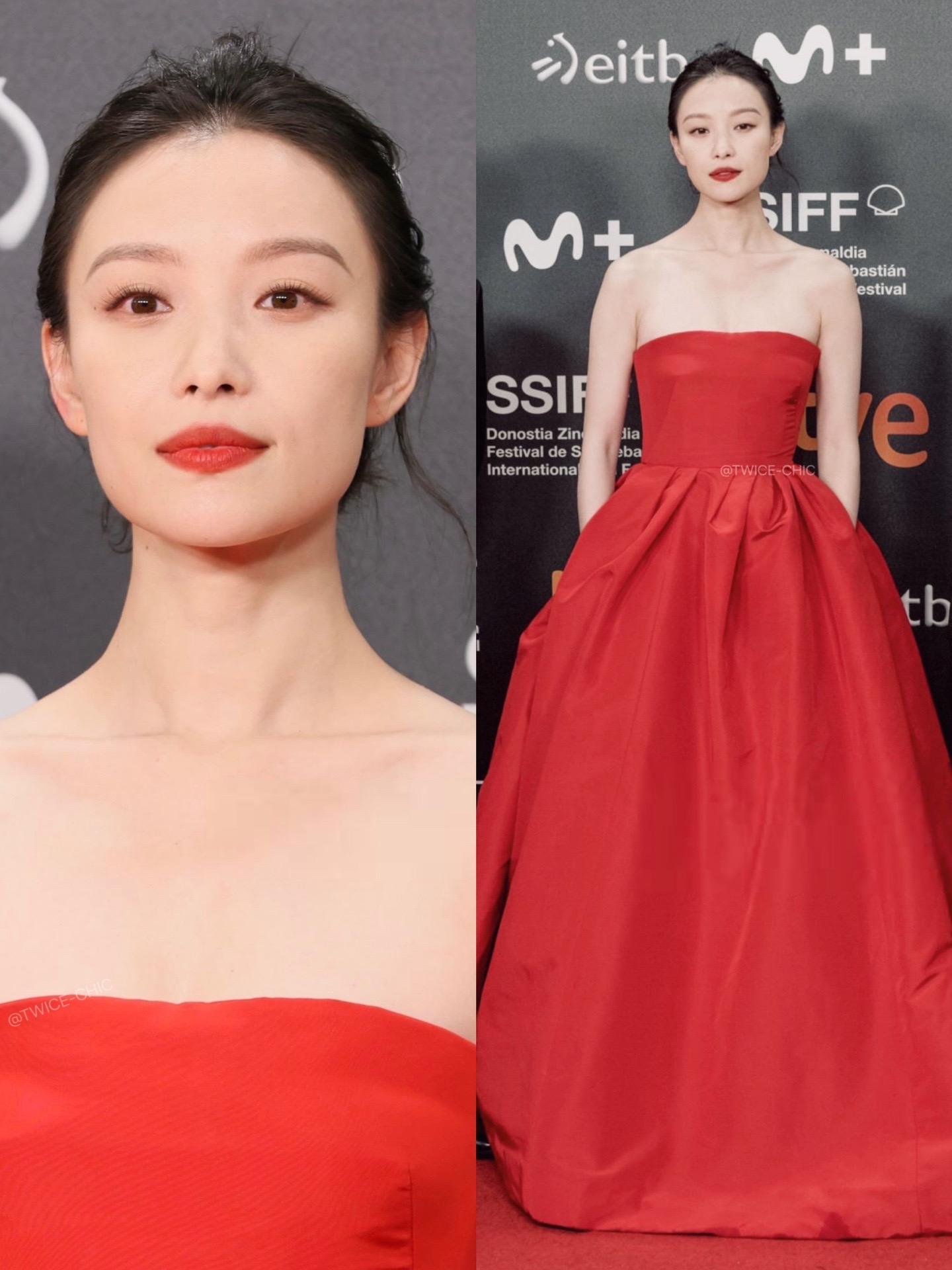 倪妮今日圣塞闭幕红毯造型   Carolina Herrera明媚红裙...