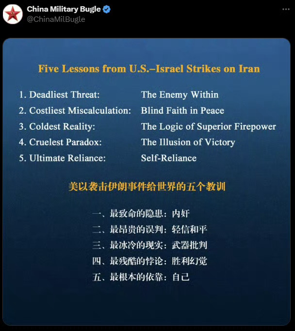 国军号3月3日在社交平台X上用中英双语发布《美以袭击伊朗事件给世界的五个教训》：