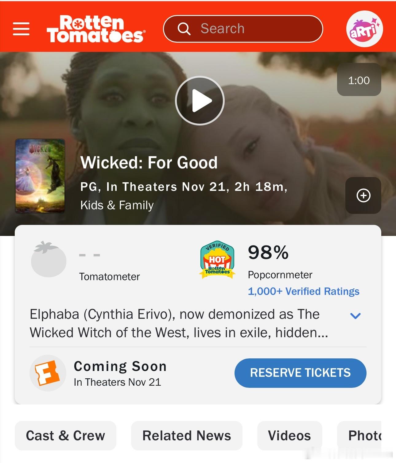 《魔法坏女巫2》烂番茄上的观众指数开分了，高达98%，今年上映的商业片中排名第一