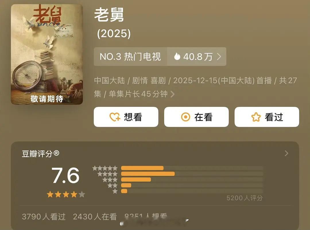 不到10天《老舅》的评分从7.6掉到7.1，应该还会降吧？