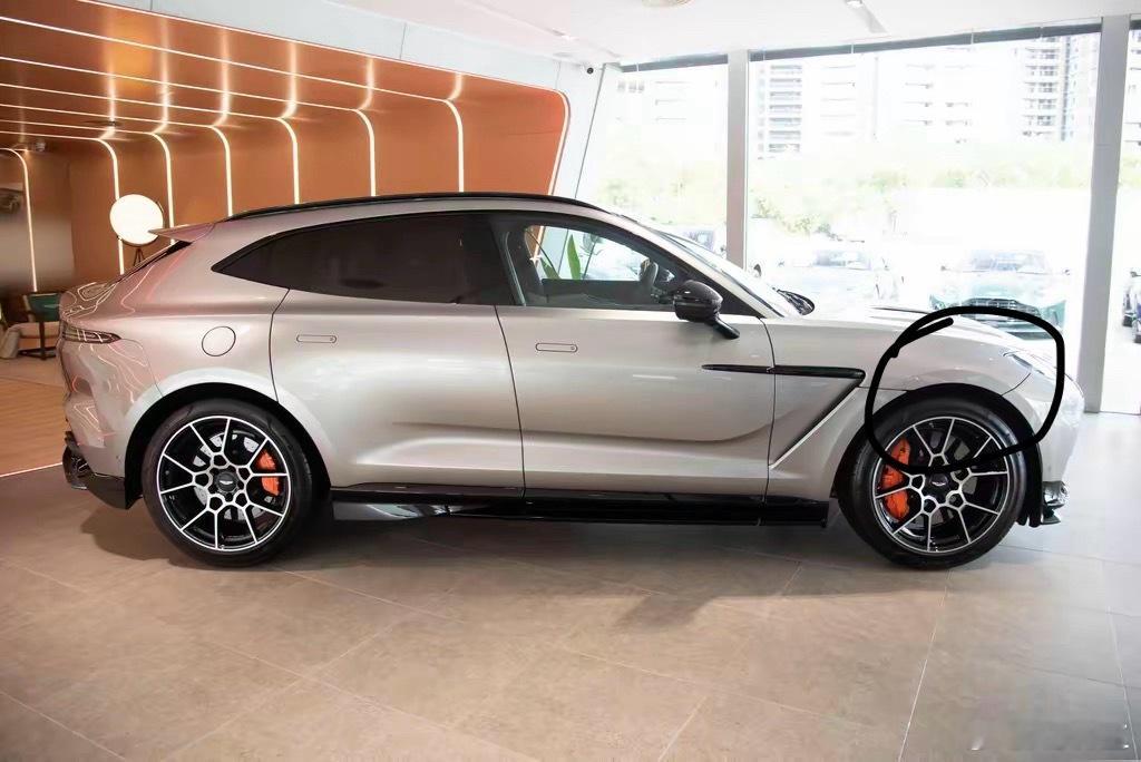 今天看到阿斯顿马丁DBX保险杠和车身连接位置是断开的，打开前舱盖就图中标注位置只