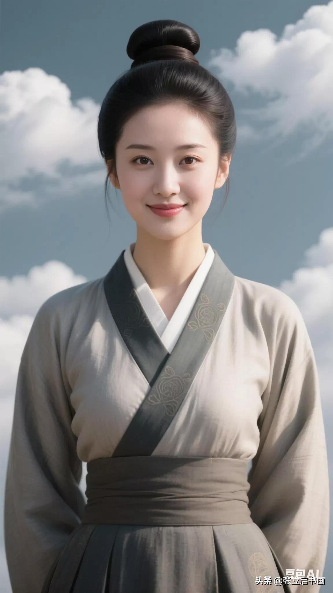 古风少女，云海背景，温婉动人，汉服飘逸。张立启原创书画AI作品古仕女发髻集锦首发