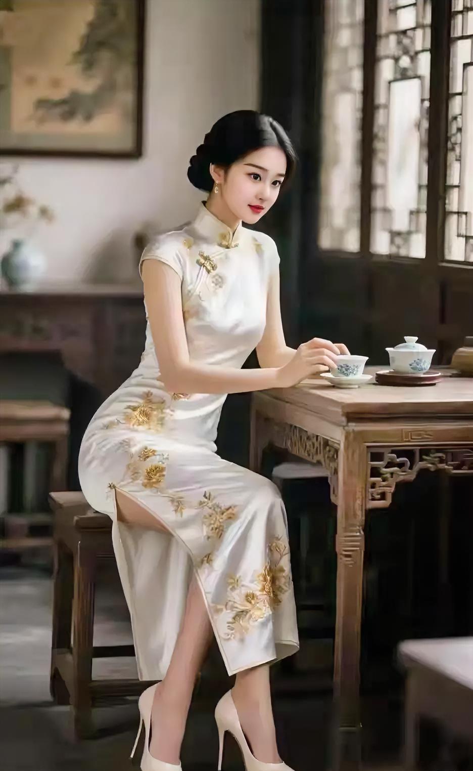 旗袍美女
 
素袂金纹映玉颜，
清姿浅坐小窗前。
茶烟轻绕眉梢月，
一枕幽芳醉旧