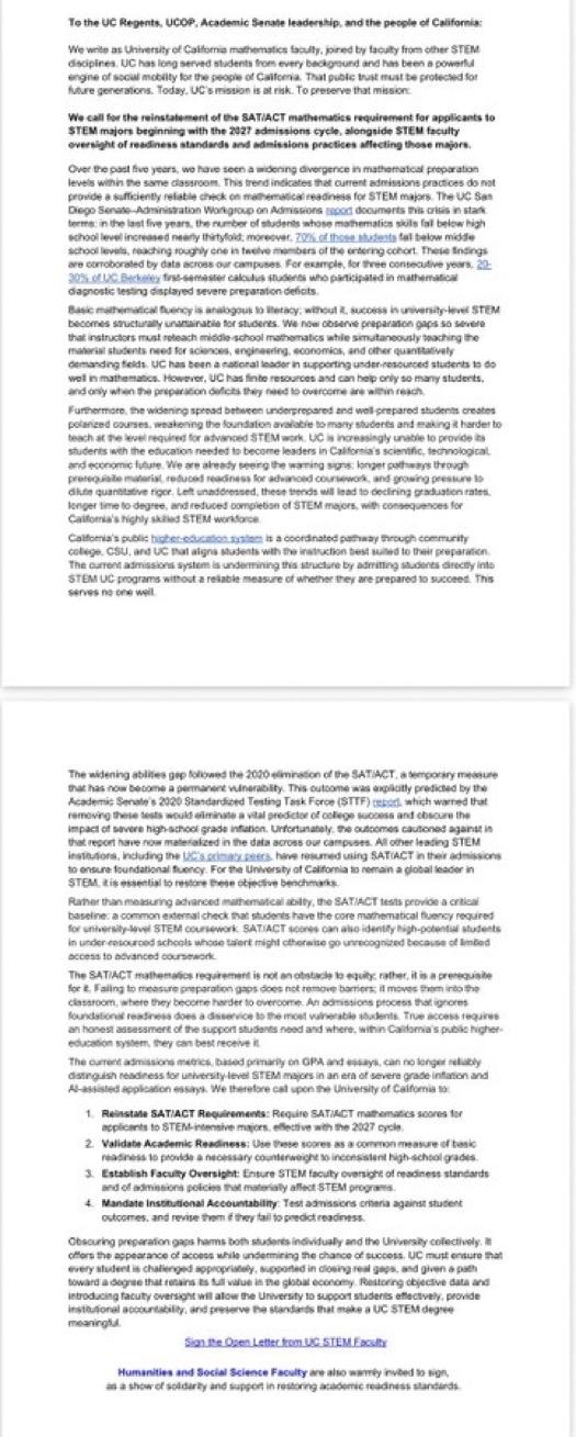加州大学系统2300多名理工科教授和900多名社会科学与人文学教授分别签署公开信