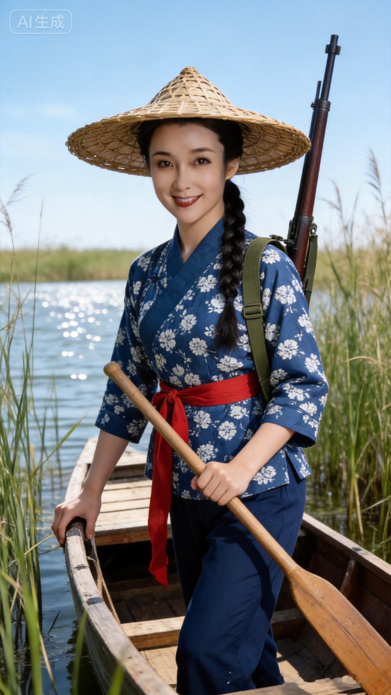 穿越时空的少女，在静谧的湖面上划船，感受古风与自然的完美融合。