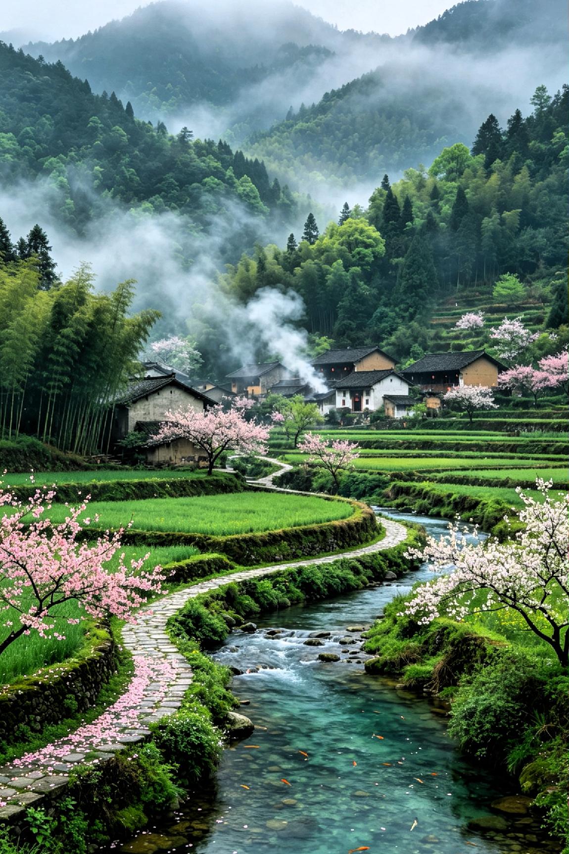 《烟霞绕村》

 
层峦叠翠锁烟霞，一径幽深隐故家。

薄霭漫笼千树竹，轻云低覆
