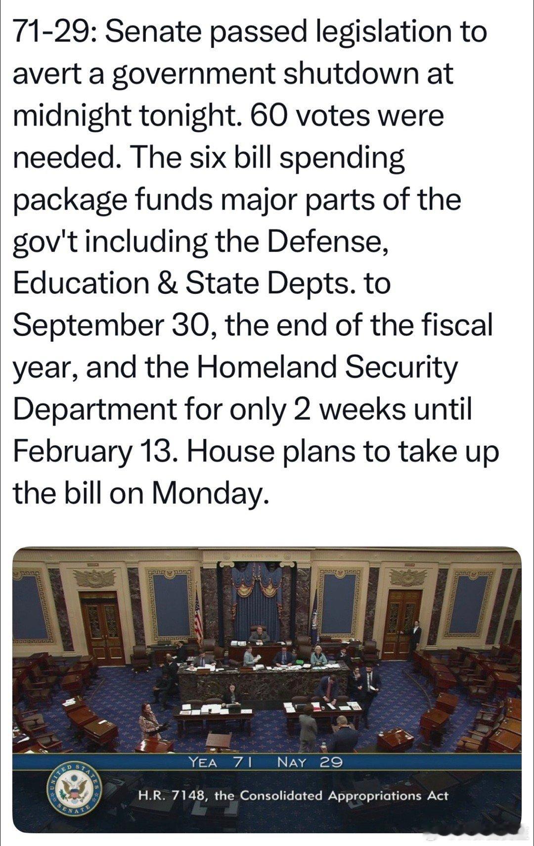 参议院71-29通过: 国土安全以外的联邦预算，批准到财年结束（9月30日）；国