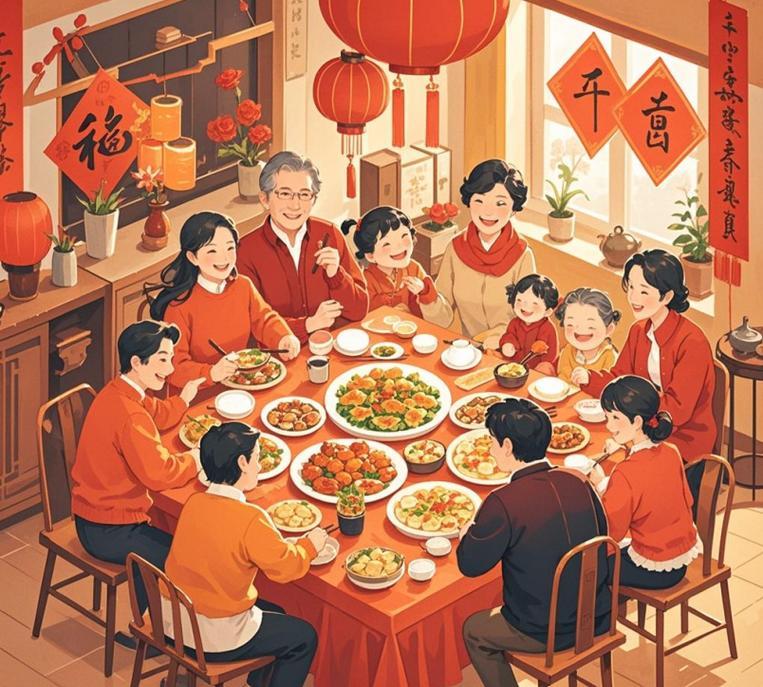 潮汕春节热闹非凡。除夕前，家家户户大扫除、办年货。除夕夜，全家围坐吃团圆饭，饭后