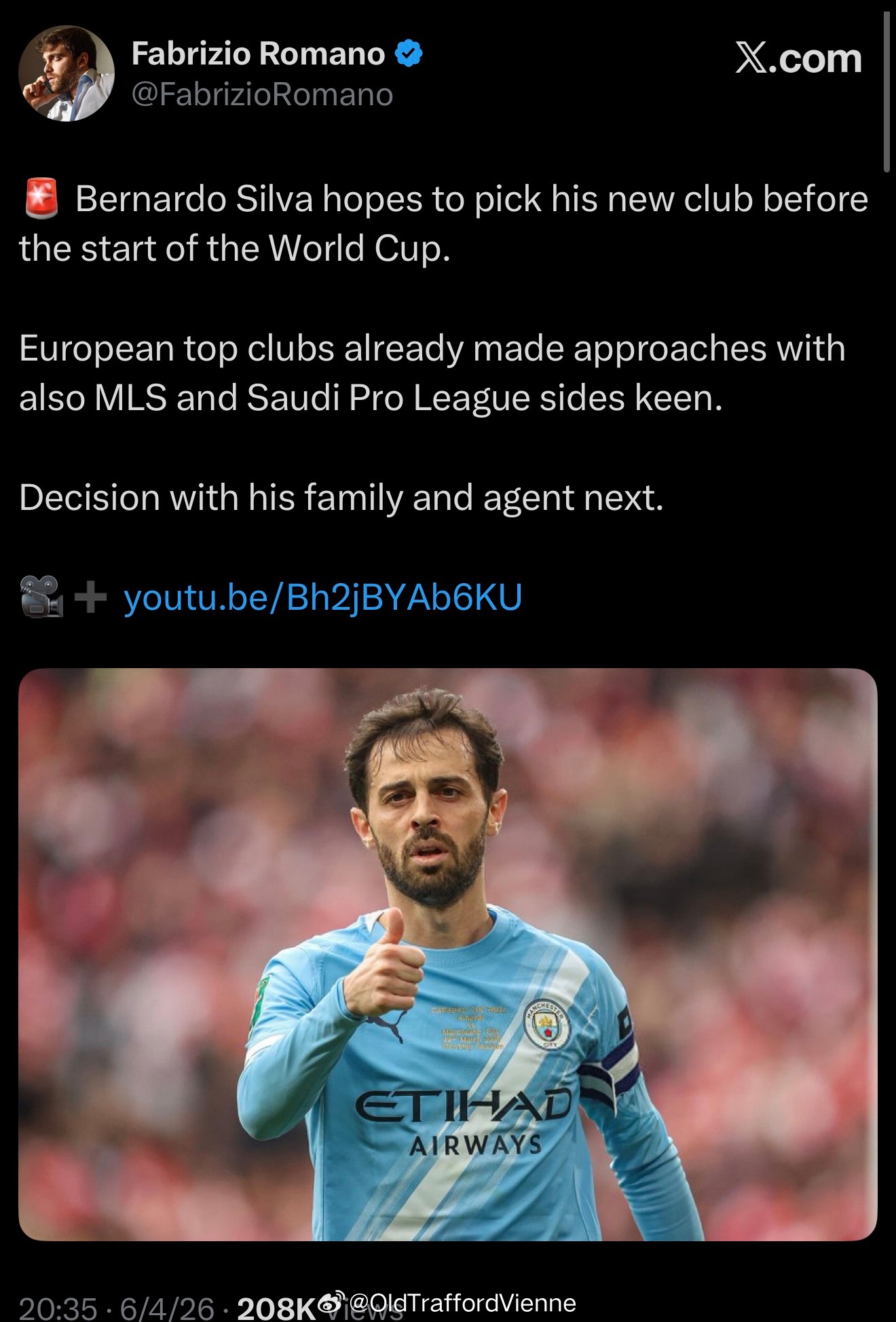 B席尔瓦已确认赛季结束时自由身离开曼城，并且希望世界杯开始前敲定新俱乐部有意的新