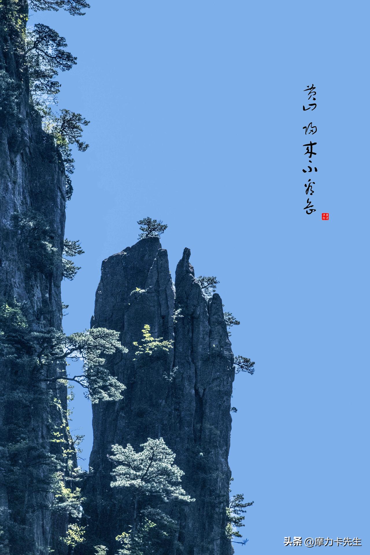 六张黄山摄影作品，六幅独属于黄山的写意山水。
峭壁如削，苍松破石而生，或孤绝立于