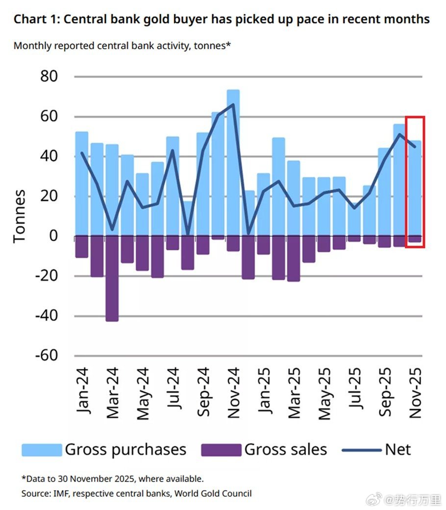 央行官方黄金 购买量依然强劲：全球央行11月份购买了超过45吨黄金，是2025年
