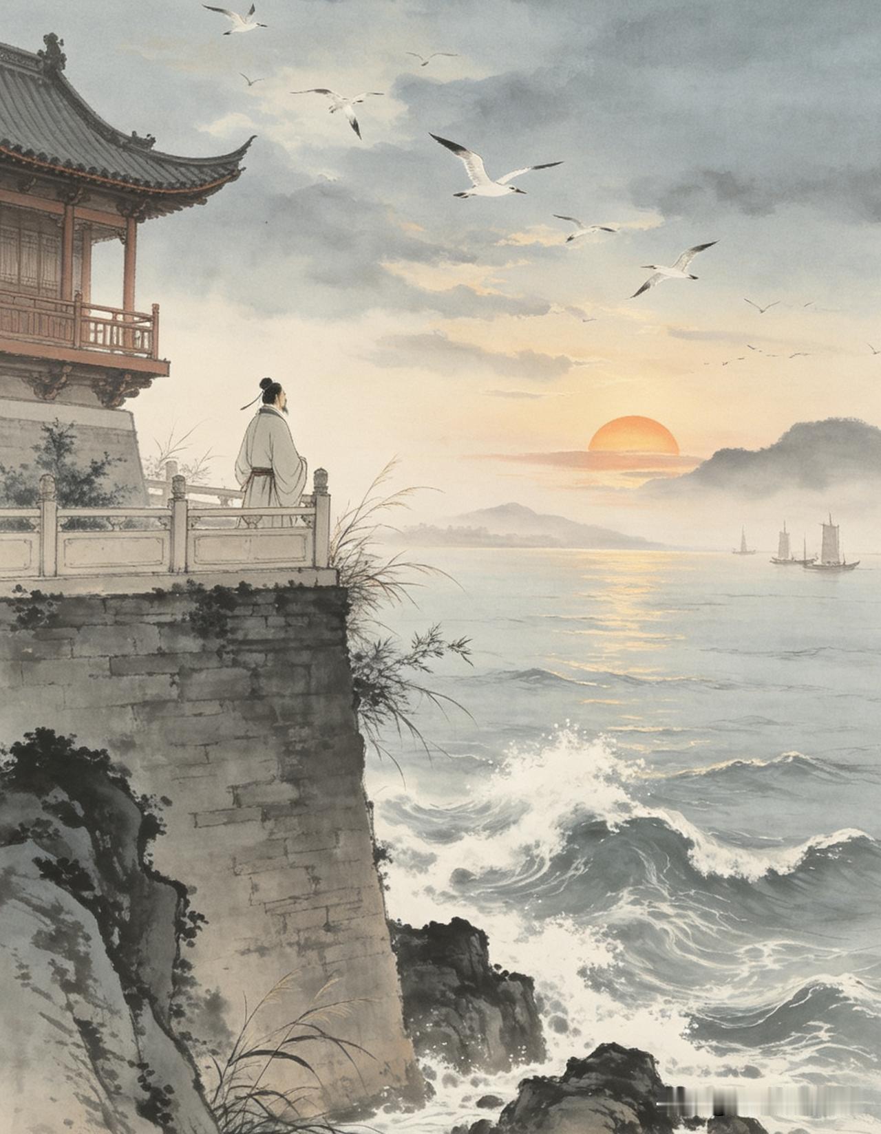 浪淘沙·江楼寄慨
 
危岸抱江湾，怒浪生寒。
沙鸥掠影暮云残。
落日横空烟水阔，