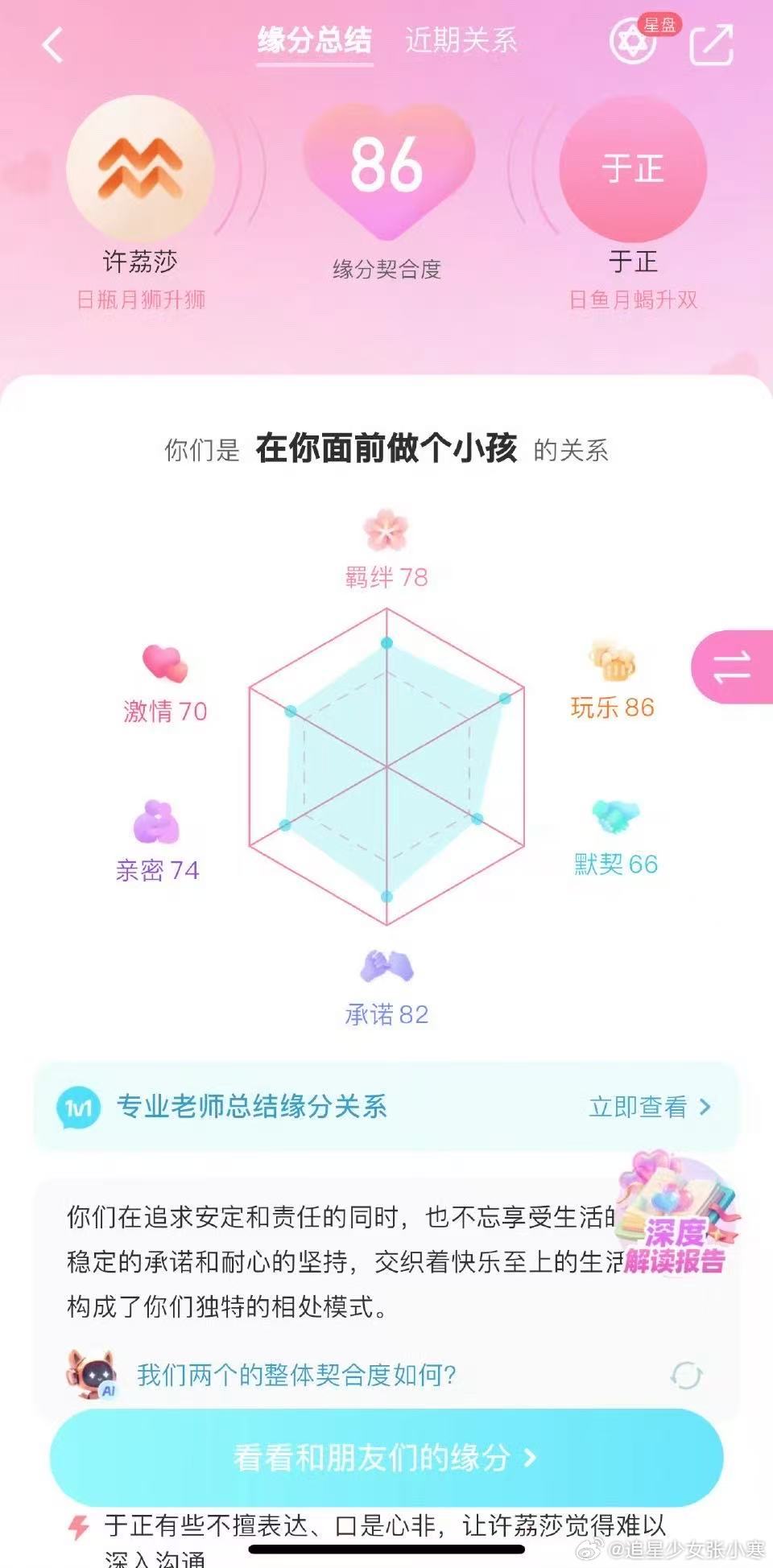 许荔莎掌纹里也有于正的命运许荔莎掌纹里也有于正的命运，缘分契合度86，哈哈哈哈哈
