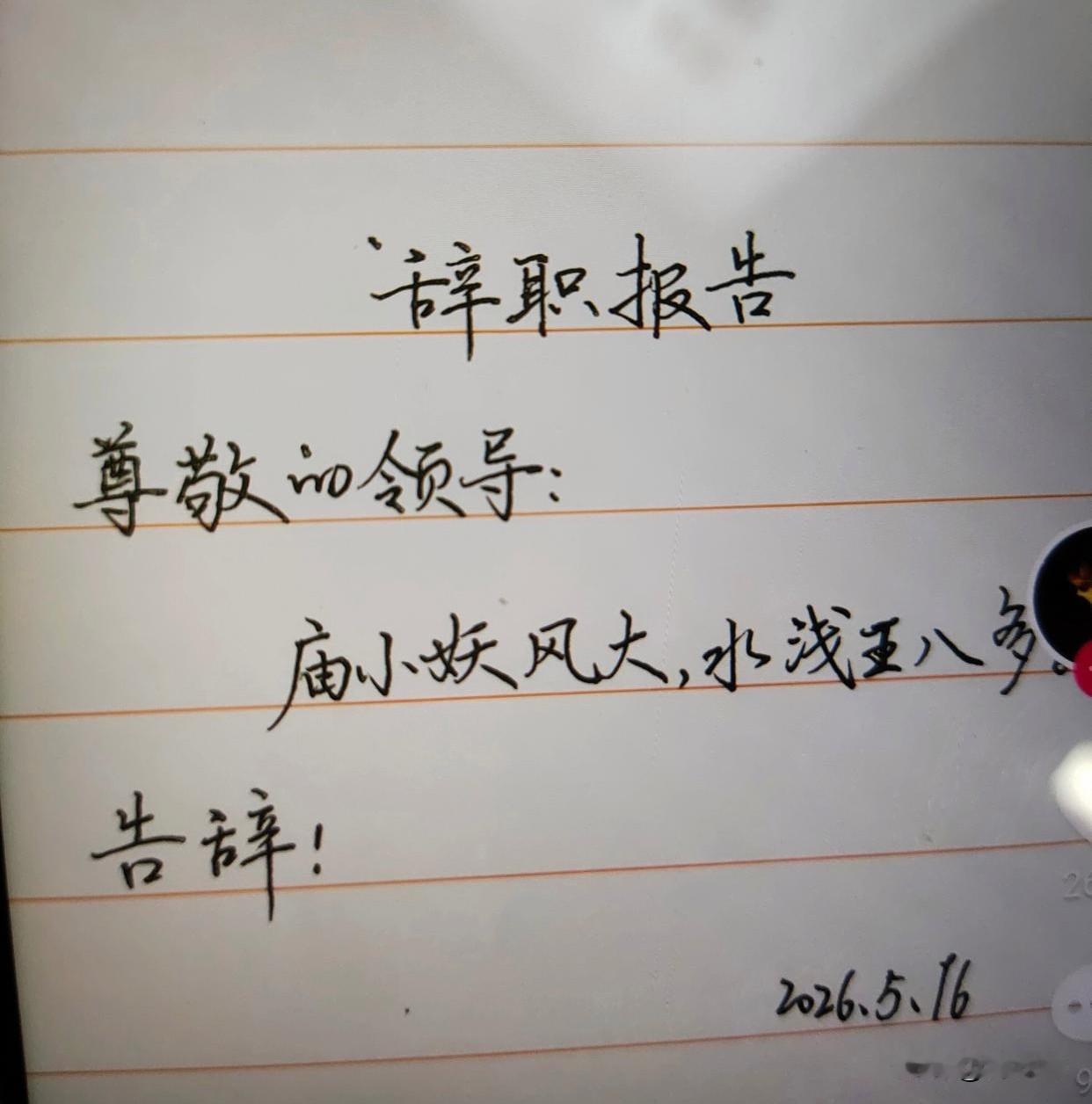 辞职报告写的不错，就是不知能批否？