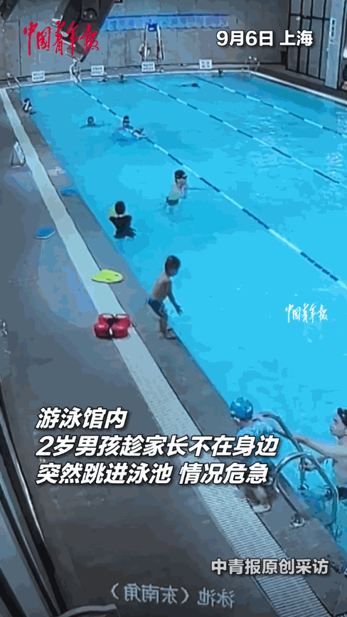 “心怎么这么大！”9月6日，上海，一2岁男孩趁家长不在身边，竟然纵身一跃，跳入泳