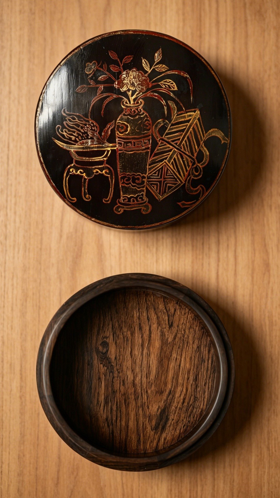 紫光檀x漆画 | 圆盒紫光檀榫卯精工，盒面施普宁铁笔金漆画，描金作清供图、人物图