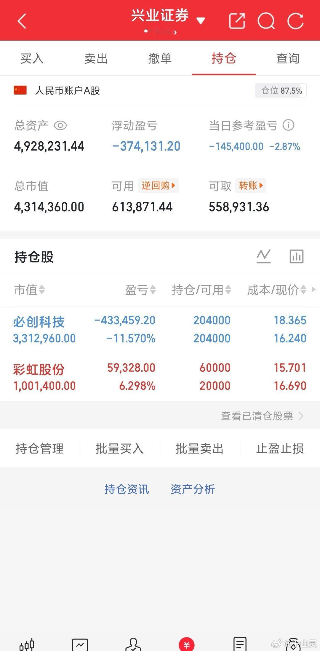我的A股记录来了！今天持仓：彩虹股份  持有必创   持有我用真实账户记录每一天