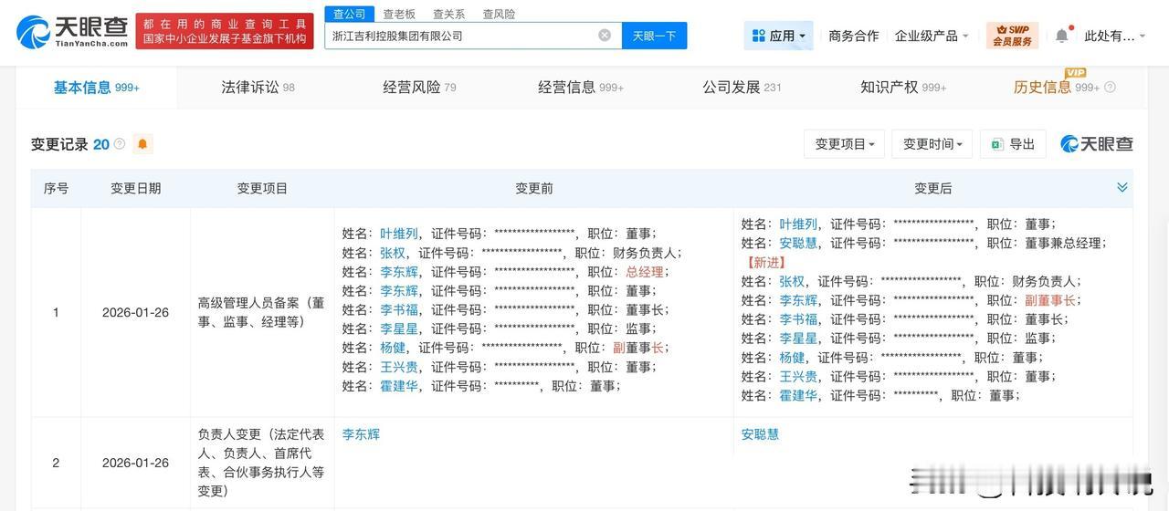 【吉利控股集团法定代表人变更 李东辉卸任吉利控股集团法定代表人】
天眼查工商信息