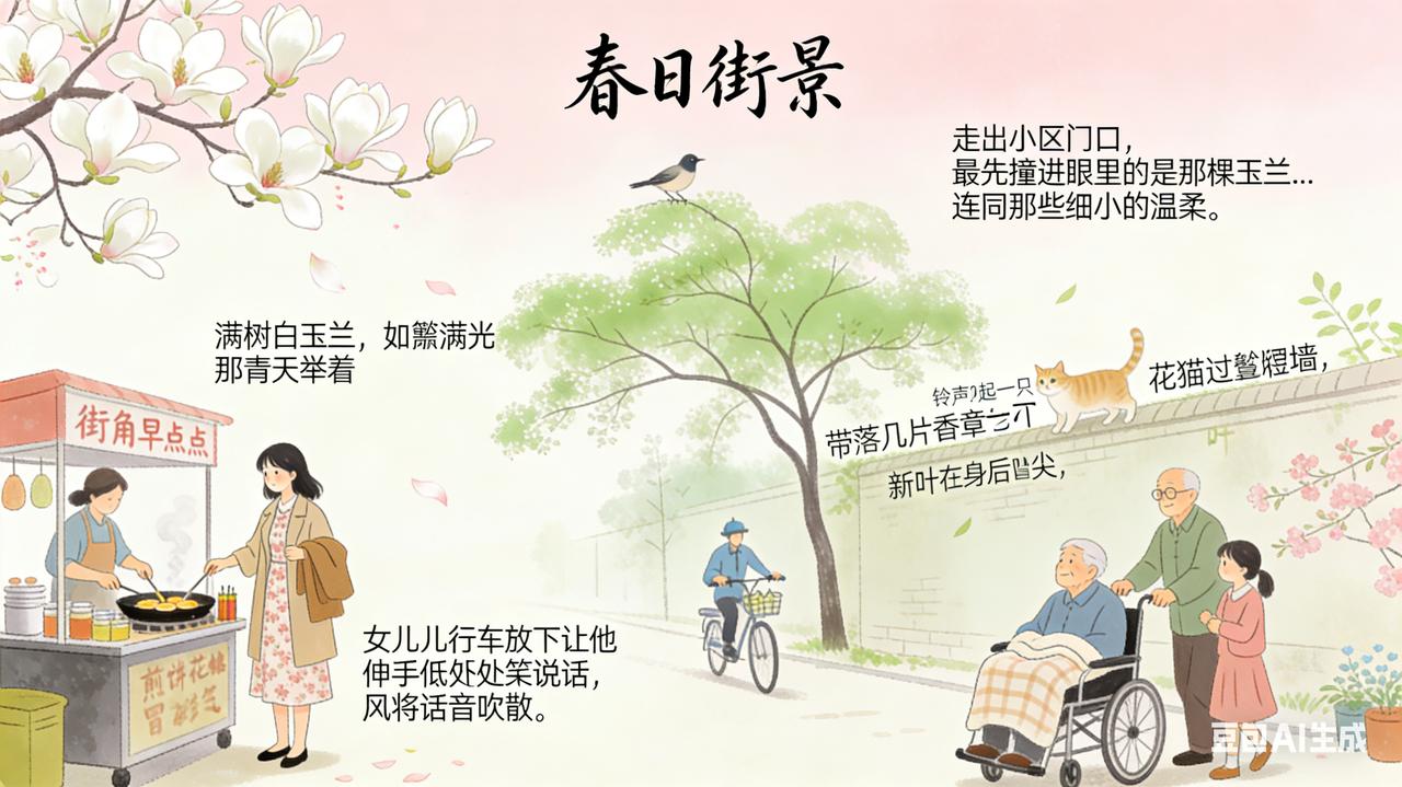 春日街景

走出小区门口，最先撞进眼里的是那棵玉兰，满树白花瓣朝天举着，像斟满光