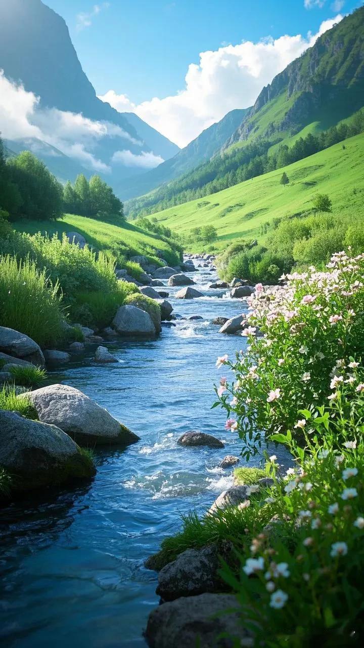 静景之美
春风拂过翠峦间，
 绿水悠悠绕石湾。 
幽径繁花铺锦绣， 
白云深处是