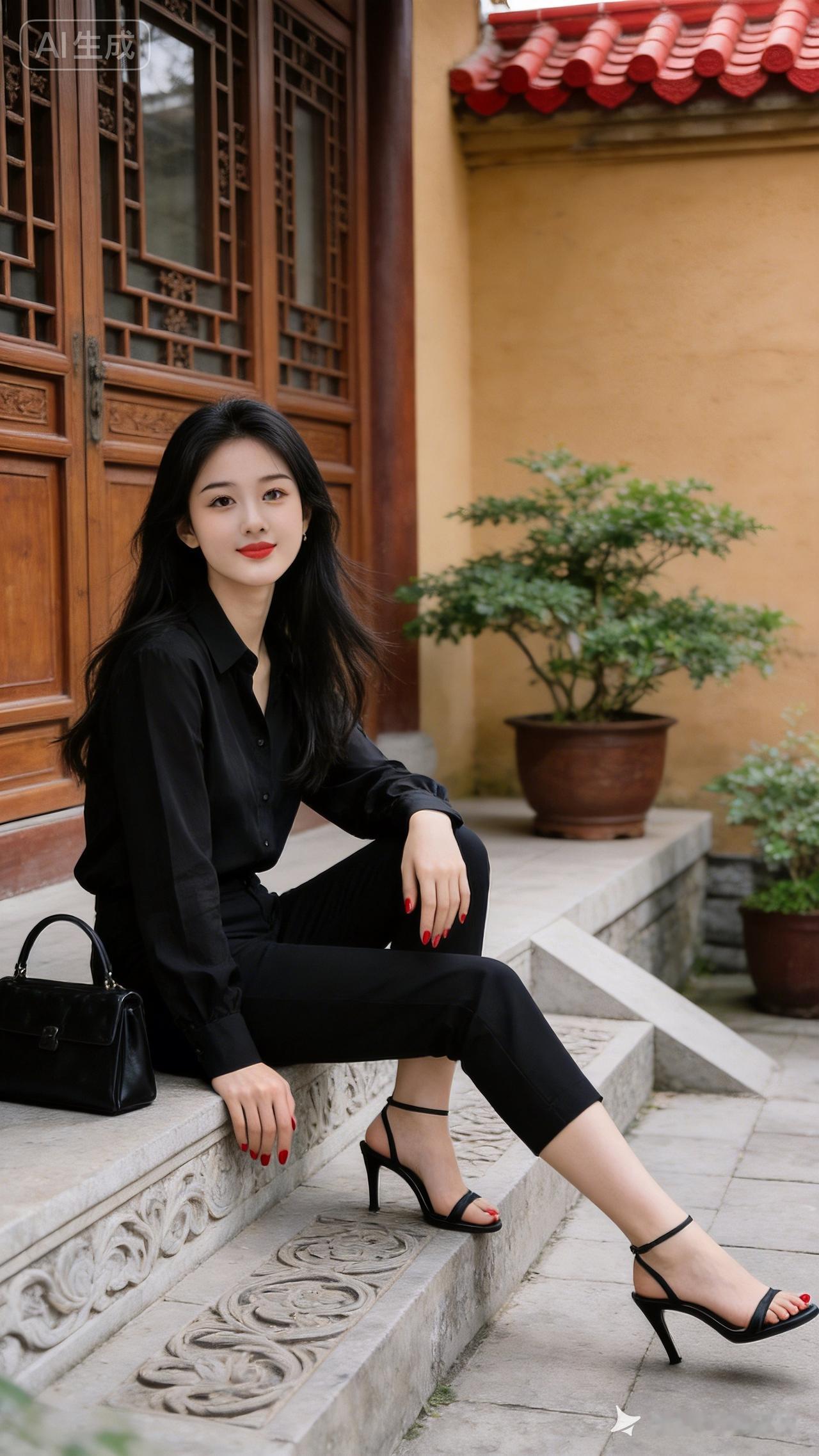 年轻女子乌发垂落，明艳红唇，身着黑长袖衬衫九分裤，脚踩细带高跟凉鞋。侧身坐雕花石