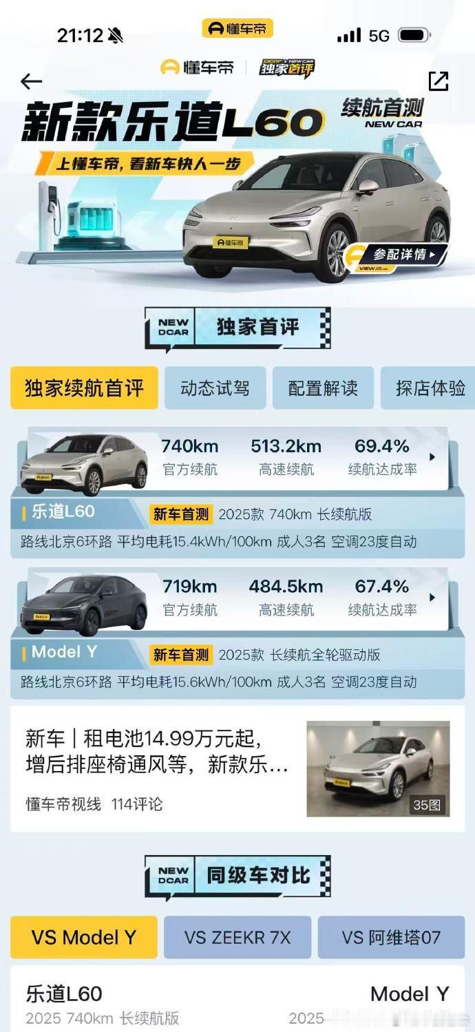 懂车帝纯高速续航跑干实测对比，乐道L60续航达成率69.4%，高于同级标杆车型 