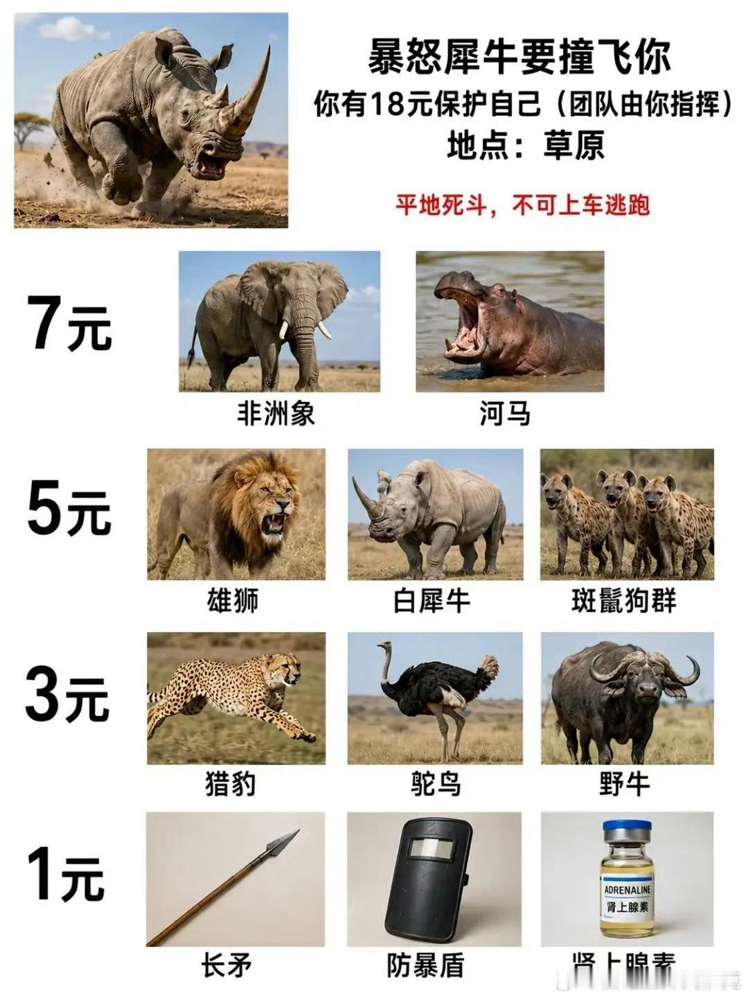 我一看到犀牛，第一反应是买18瓶肾上腺素，全都打自己身上。跑得过就跑，跑不过就安