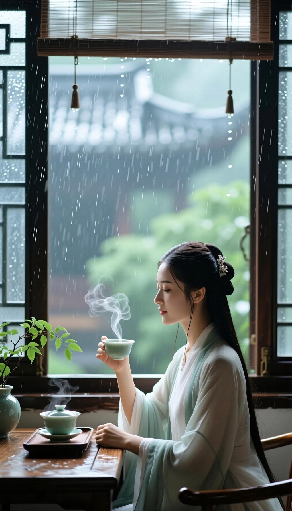听雨
 
闲坐窗前听雨声，
清茶袅袅洗尘情。
繁华看透皆平淡，
守住安然度此生。