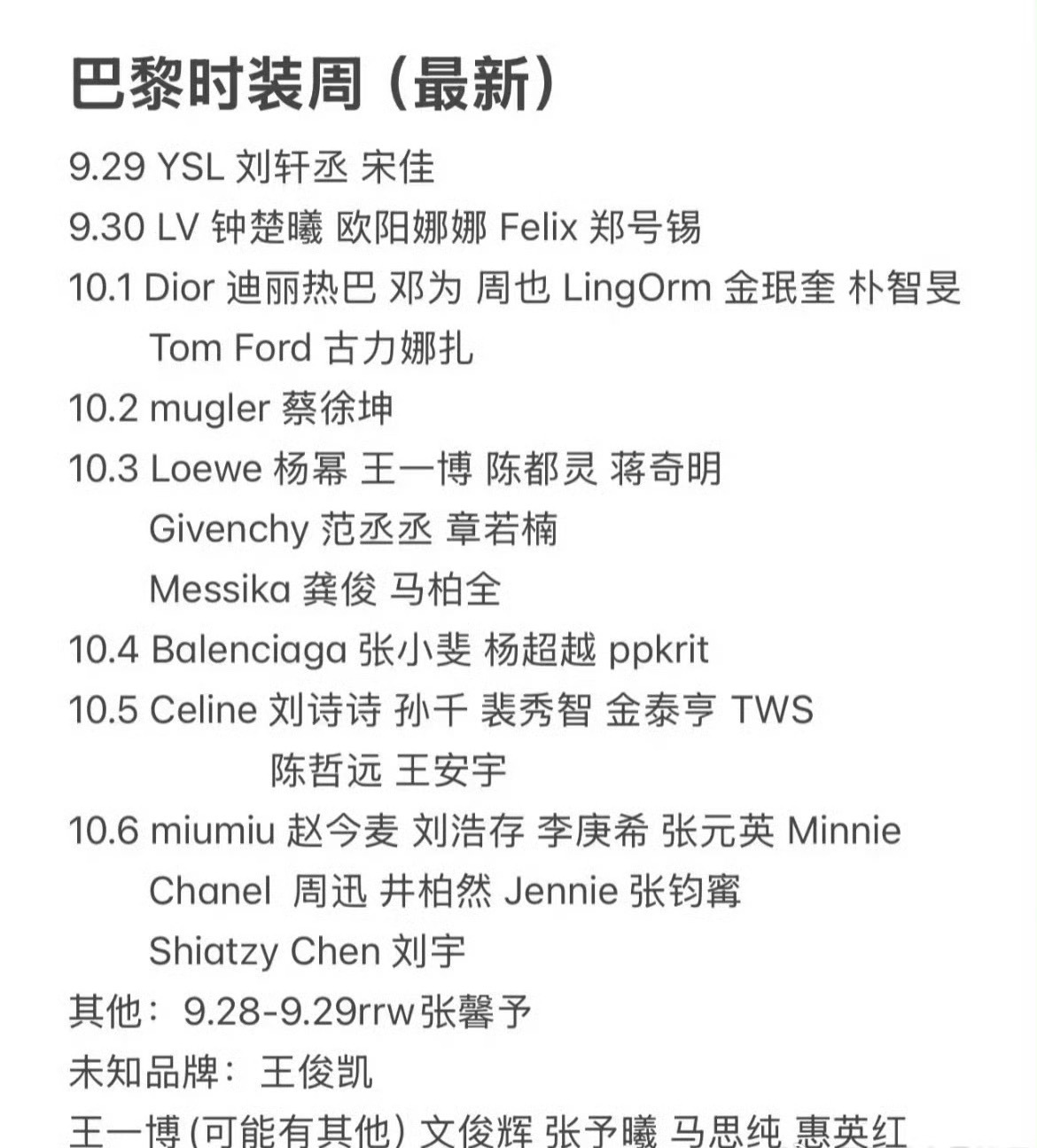 出席巴黎时装周的中韩泰艺人名单 ​​​
