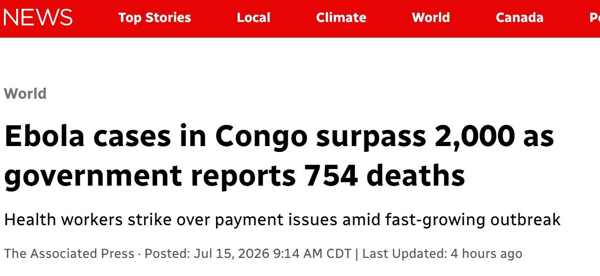 刚果致命的埃博拉病例超过2000例，已报告754人死亡，医护人员罢工
根据刚果政