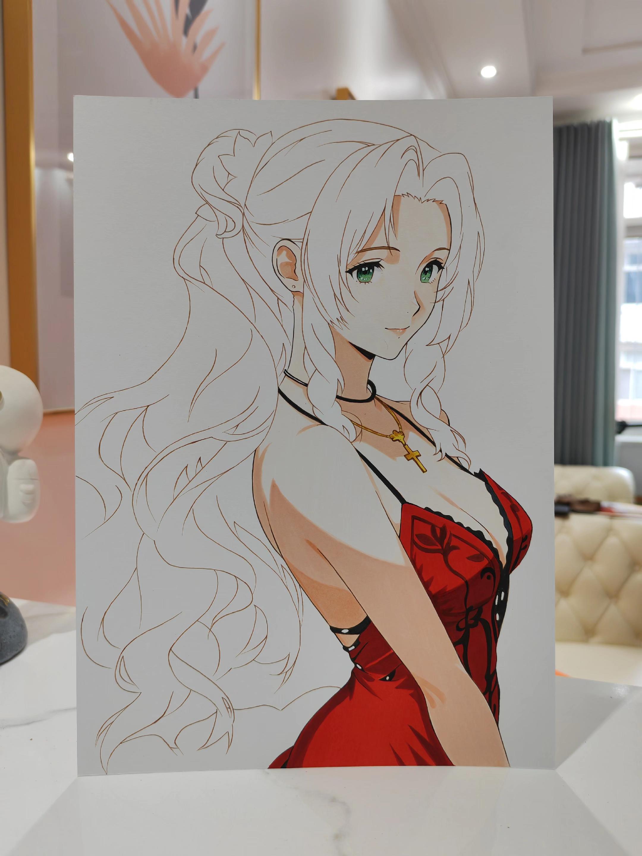 这张画的红色背景，画的我手杆痛。最终幻想爱丽丝手绘过程图