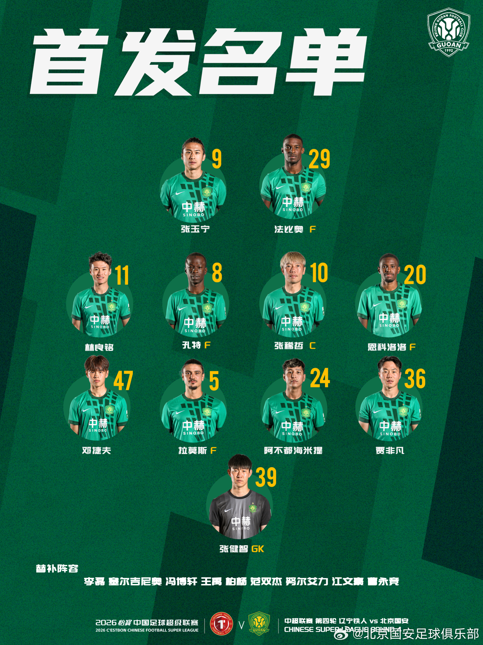 💚 北京国安今日首发💪 客战升班马🔰 一起拼！中超联赛北京国安