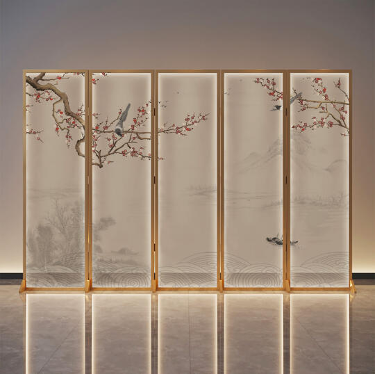 新中式现代花鸟丝绢灯光折叠屏风定制图案