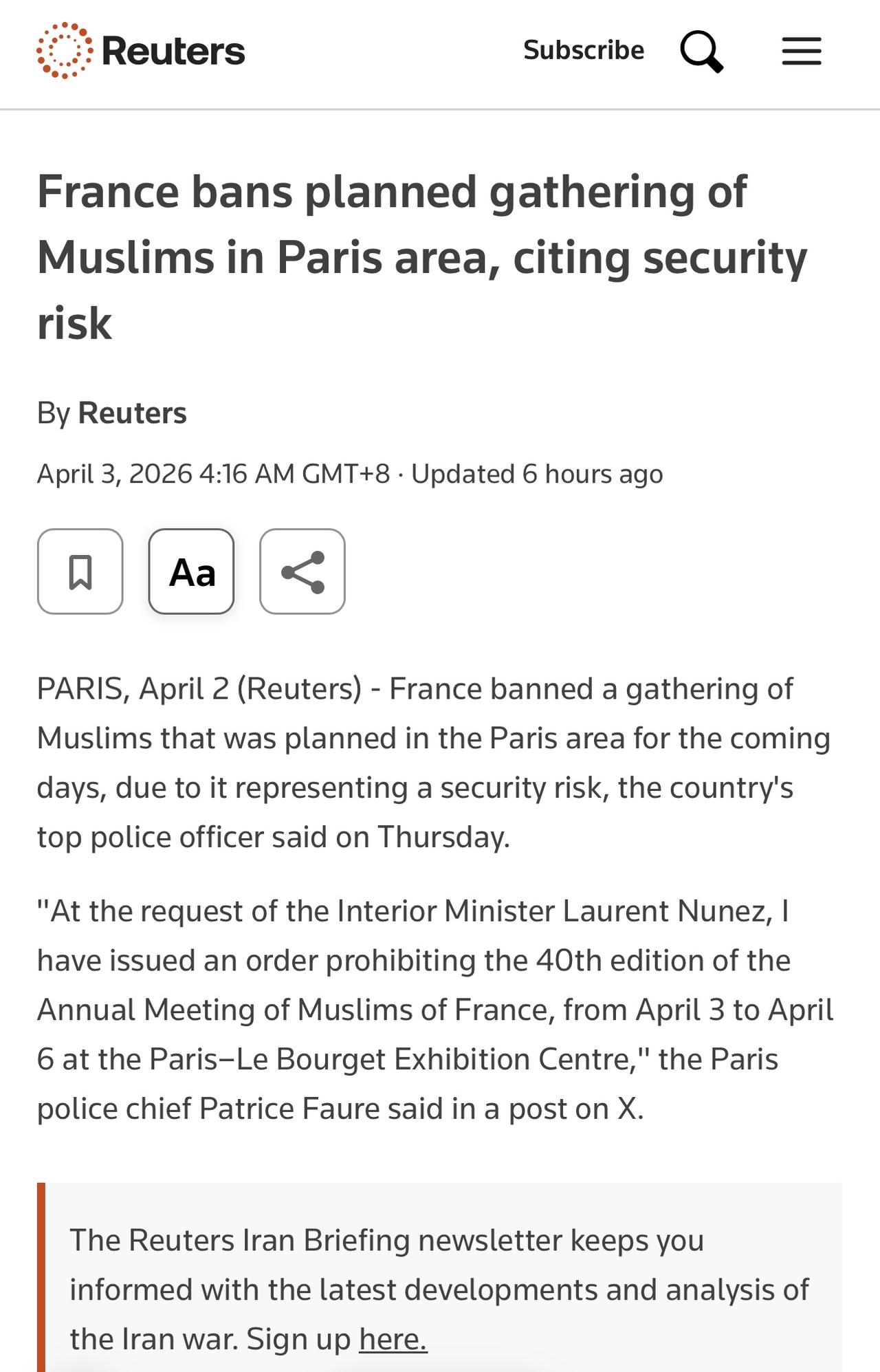 法国高级警官周四表示，法国禁止了计划在未来几天在巴黎地区举行的穆斯林集会，因为安