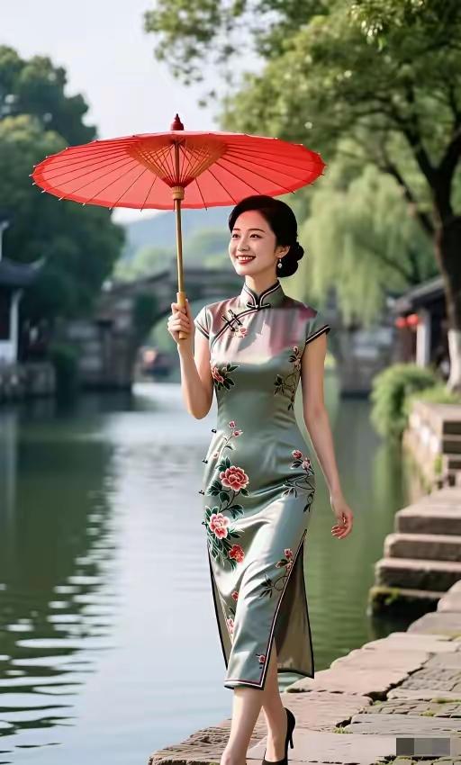 江南水乡，海市蜃楼。
如若瑶台，恰似仙境。
一袭旗袍，贴身裁剪。
一把雨伞，一把