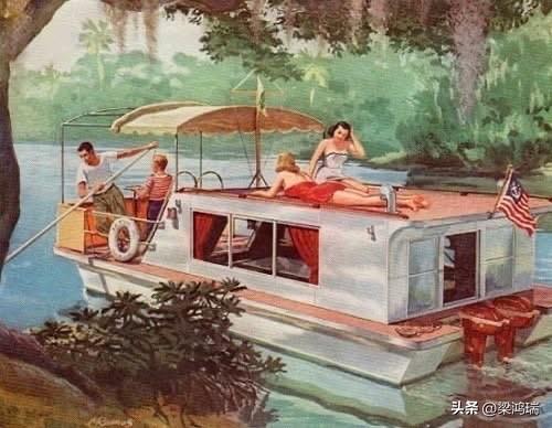 这是一幅1956年的铝制房船（Aluminum Houseboat）的插画艺术作
