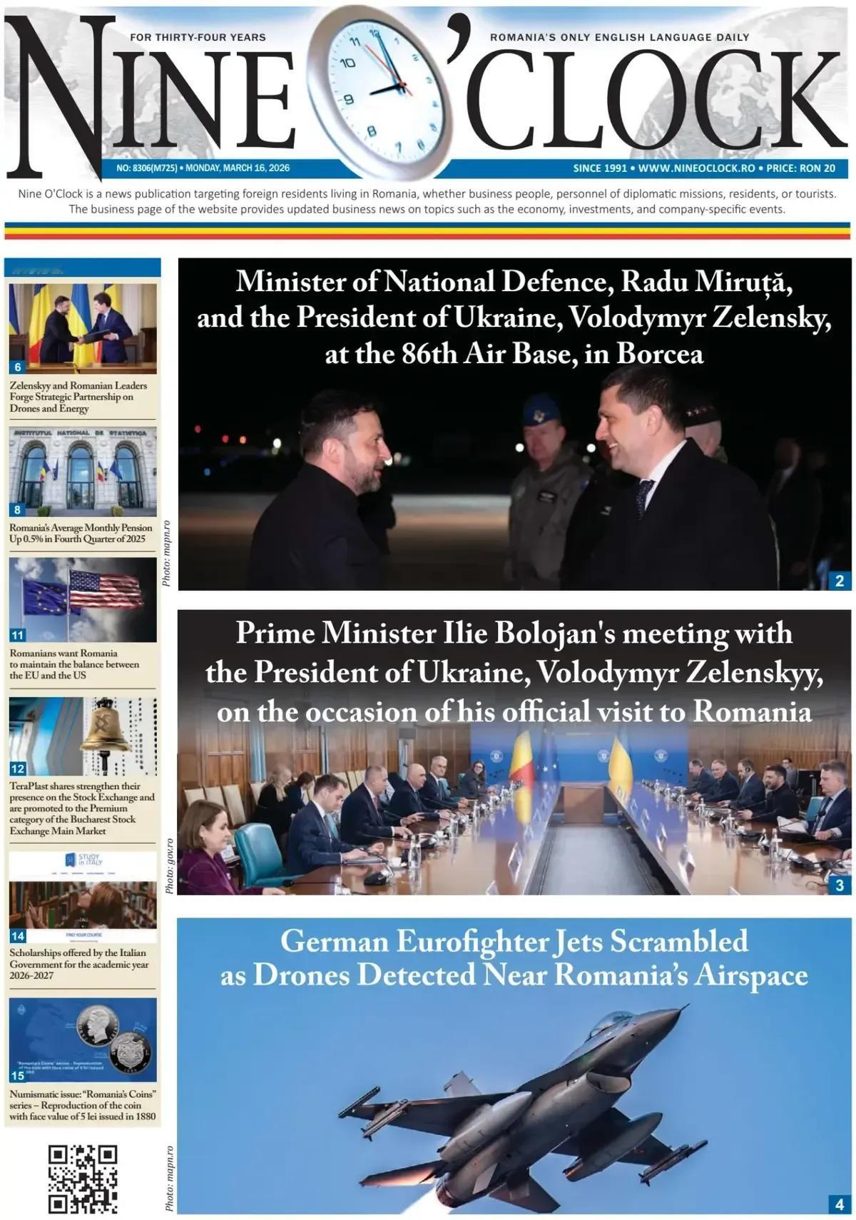 罗马尼亚《9点钟报》头版报道称，罗马尼亚国防部长Radu Miruță在博尔恰第