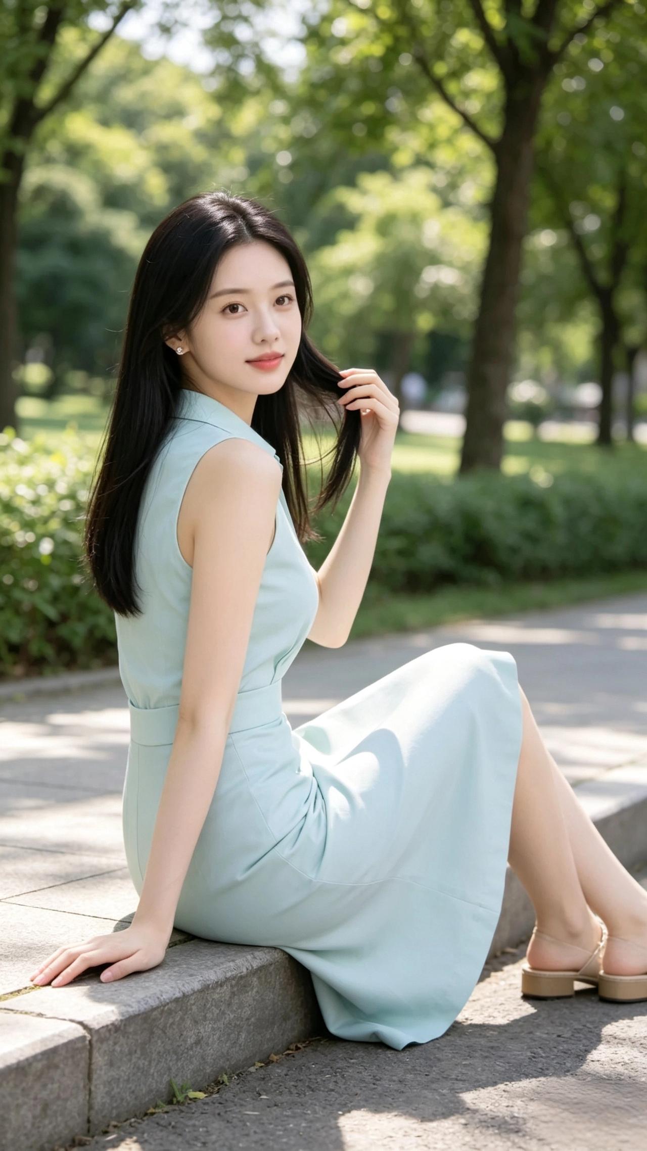 无袖翻领Polo衬衫式上衣，浅薄荷淡青色，修身剪裁，搭配同色高腰过膝包臀半身铅笔