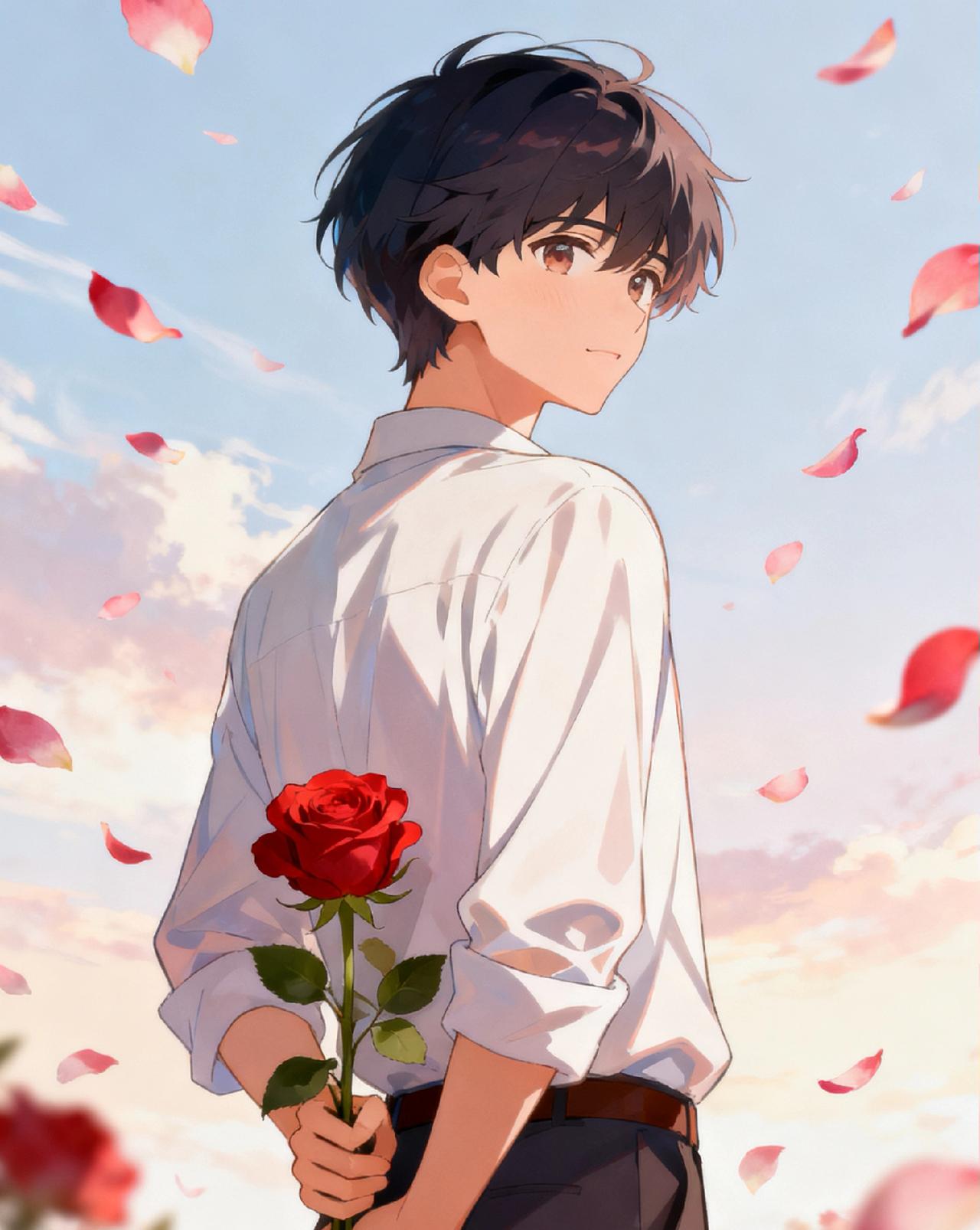 我将玫瑰藏于身后，
风起花落，不问缘由。
从此鲜花赠自己，爱意留心头，
纵马踏花