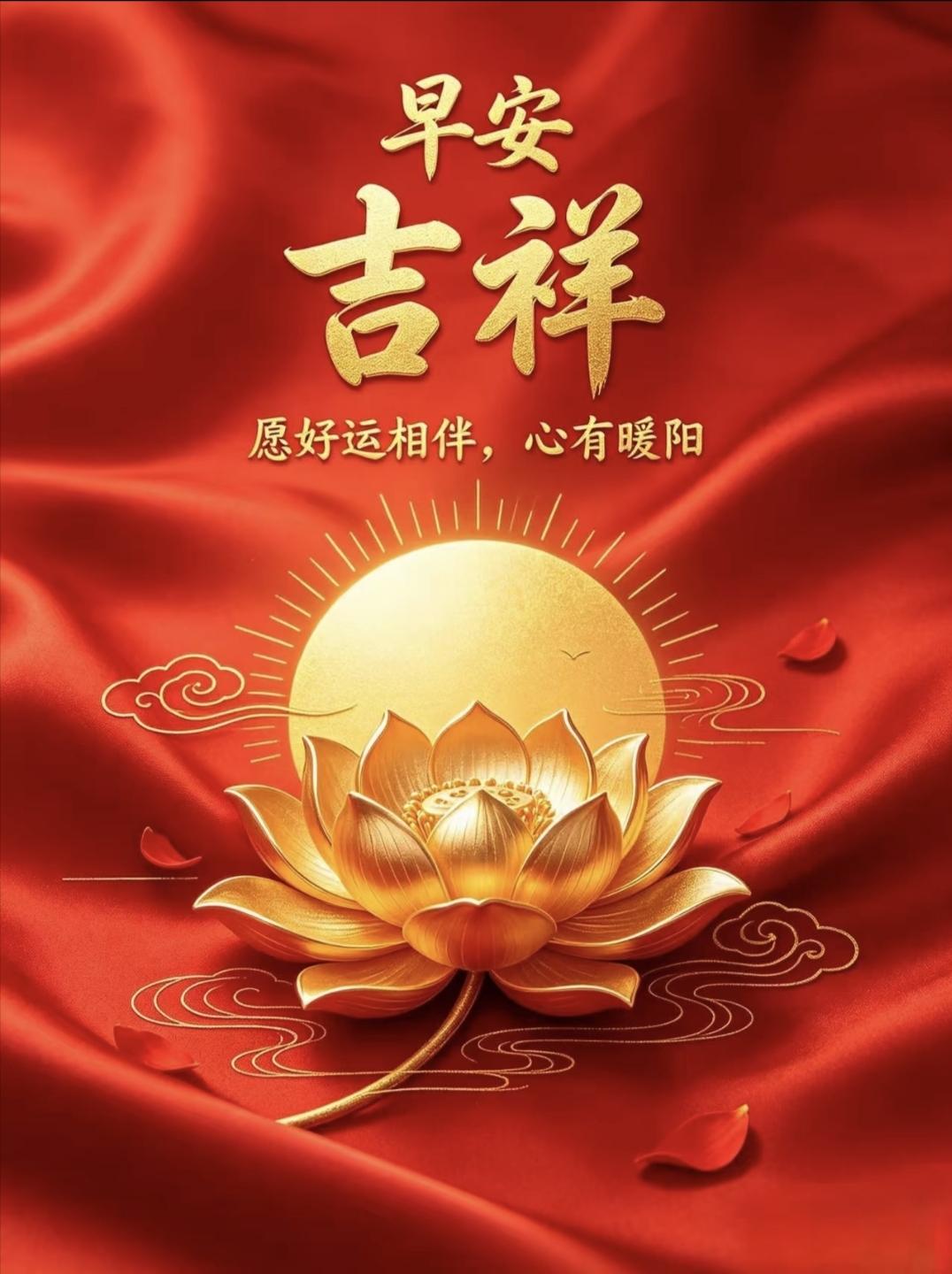 财源广进·好运连连·诸事皆顺
早安吉祥！金莲迎朝阳，好运已就位，愿你心里暖洋洋，