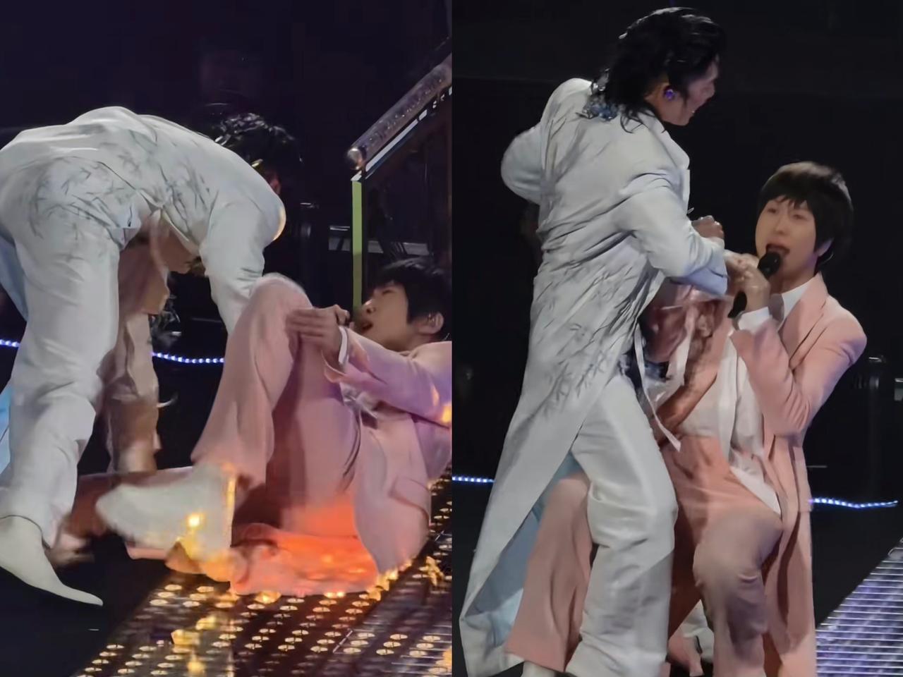 阿信和F3的演唱会上，

阿信又摔倒了，

不是舞台的原因，也不是灯光的原因，而